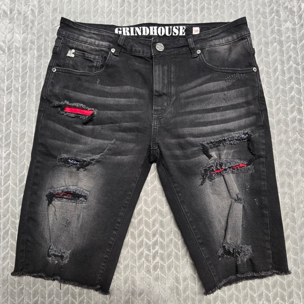 Grindhouse Denim Mens Distressed Shorts Faded Black Size 32* Y2K Grunge